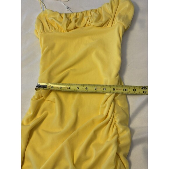 HELLO MOLLY Yellow Gathered Bust Mini Bodycon Dress Large Straps Stretch Spring - Picture 15 of 15